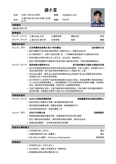 应聘通信类岗位一页式