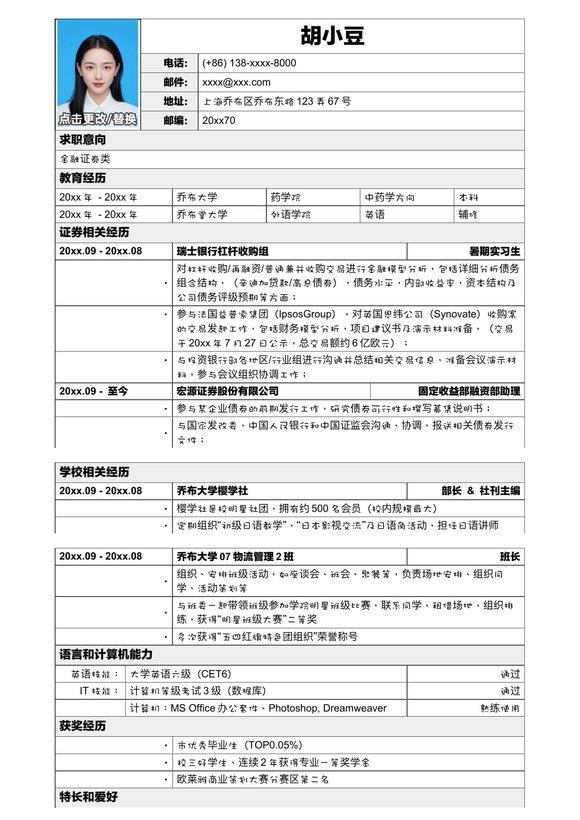 应聘金融证券类简历模板2预览图