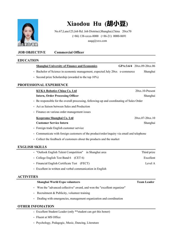 Resume_Template_for_Commercial_Officer_商务专员英文简历模版（外贸）-预览图